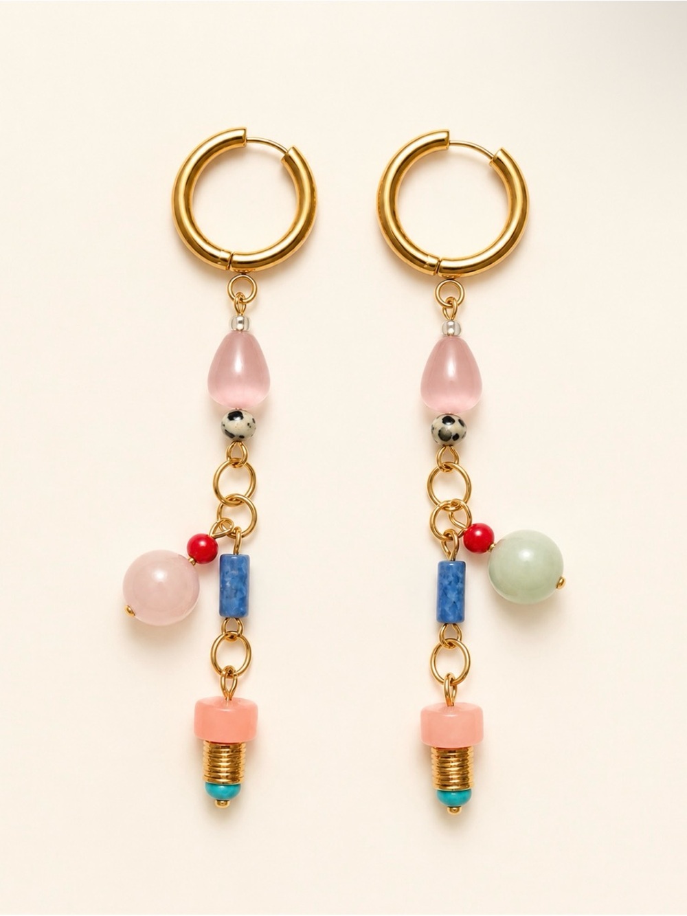 Gold Multi-Bead Drop Earrings with Pink & Blue Accents